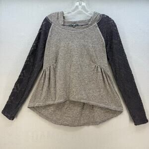 Miss Me Long Sleeves Tee Women's S Grey Lace Sleaves High Low Hoodie Crew Neck